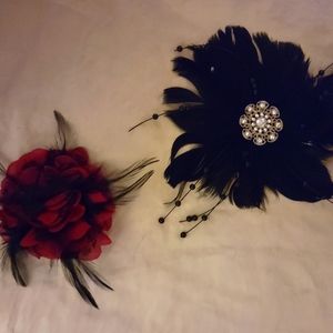 Hair accessories, 1- Bla feathers beads at ends silk center, maroon nylon flower